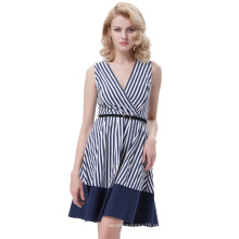 Belle Poque Stripe Padrão Stripped Sem Manga V-Neck A-Line Vestido Retro Vintage 50s BP000308-1